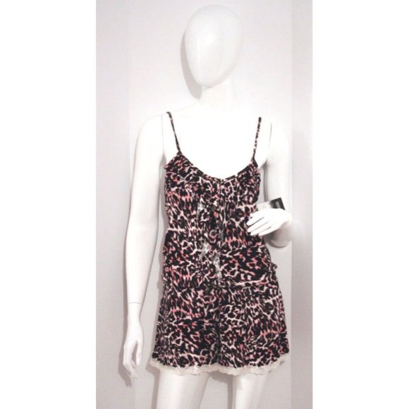 KENSIE Pyjama ROMPER Shorts Top ONE PIECE Leopard Print RUFFLED Lounge Wear S